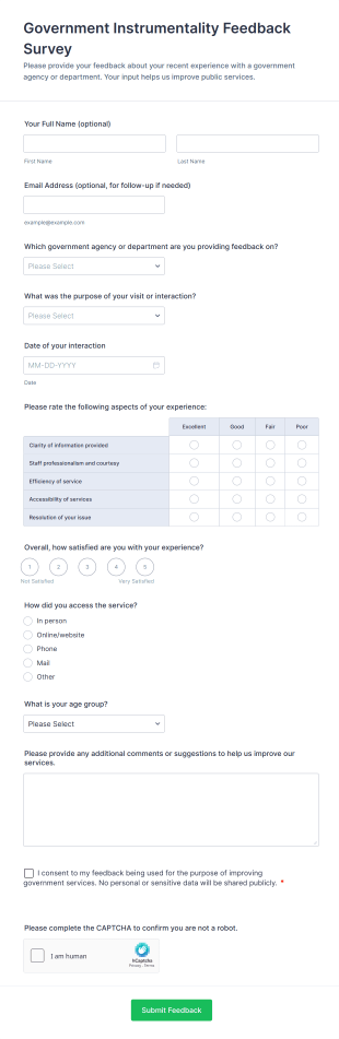 Government Instrumentality Feedback Survey Form Template