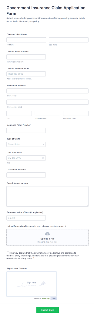 Government Insurance Claim Application Form Template