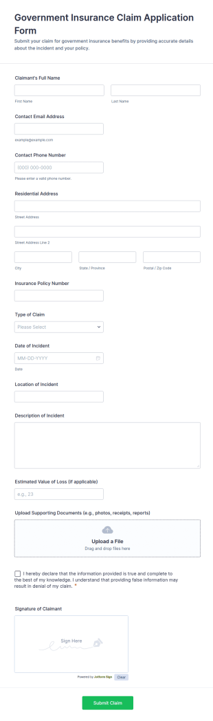 Government Insurance Claim Application Form Template