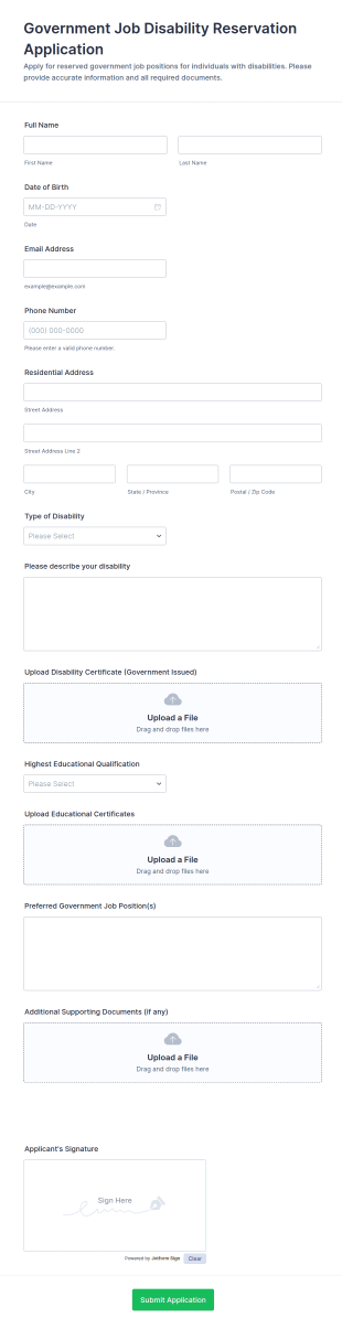 Government Job Disability Reservation Application Form Template