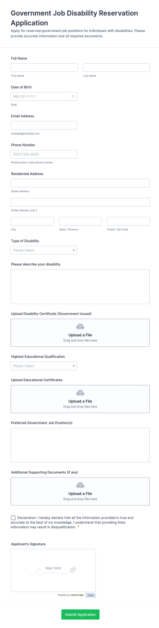 Government Job Disability Reservation Application Form Template