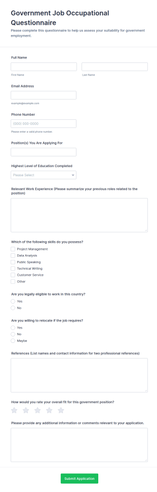 Government Job Occupational Questionnaire Form Template