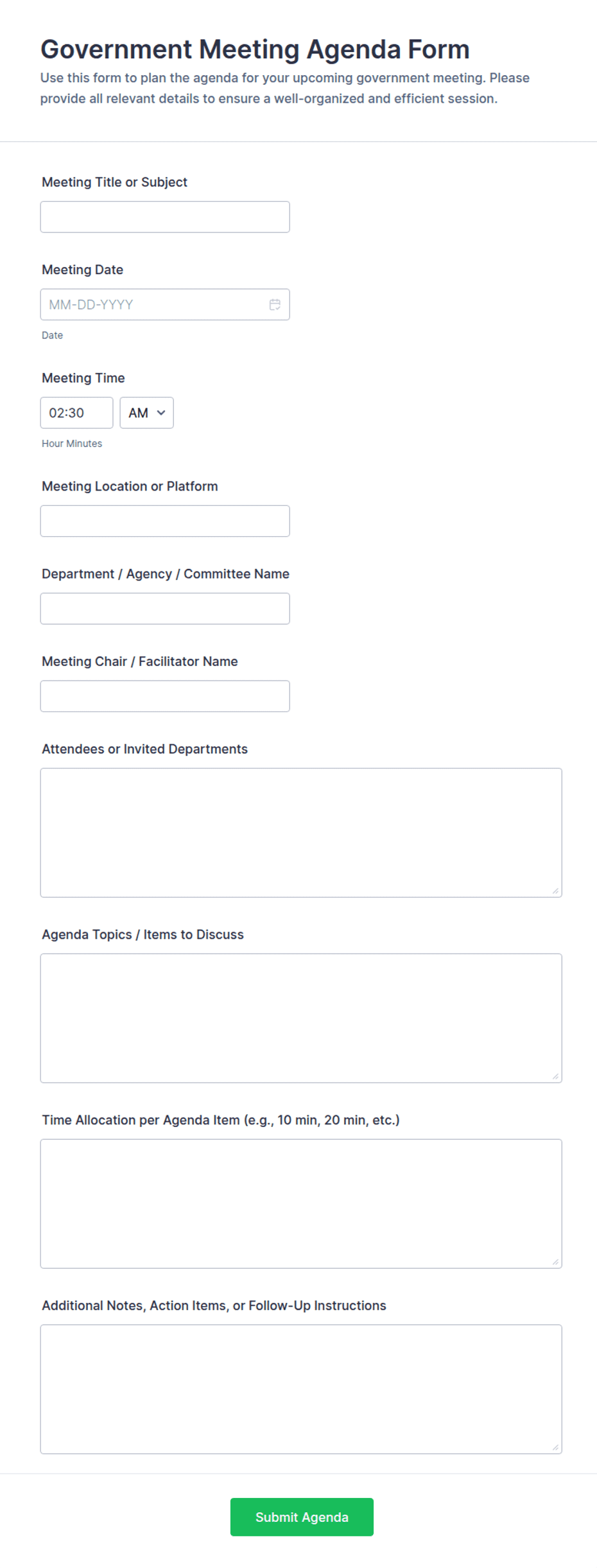 Government Meeting Agenda Form Template | Jotform