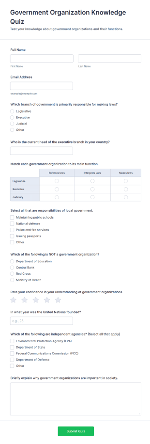 Government Organization Knowledge Quiz Form Template
