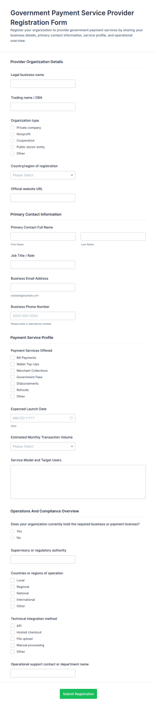 Government Payment Service Provider Registration Form Template