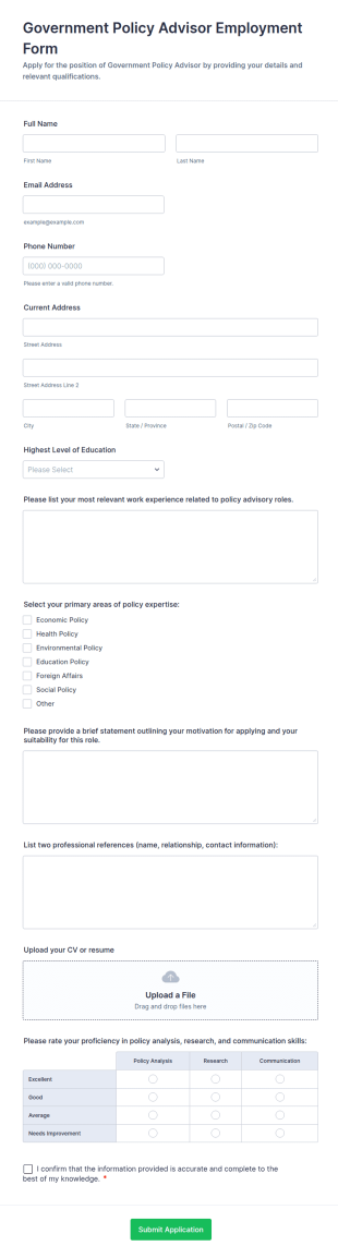 Government Policy Advisor Employment Form Template