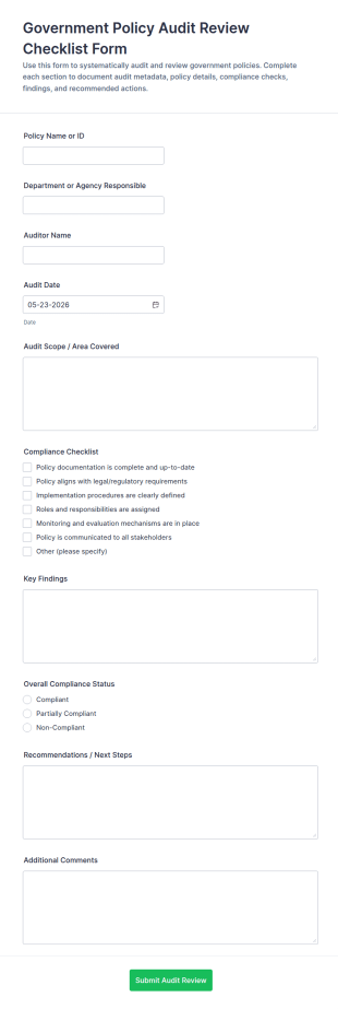Government Policy Audit Review Checklist Form Template