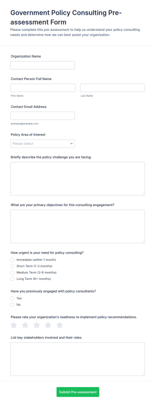 Government Policy Consulting Pre Assessment Form Template