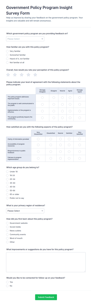 Government Policy Program Insight Survey Form Template