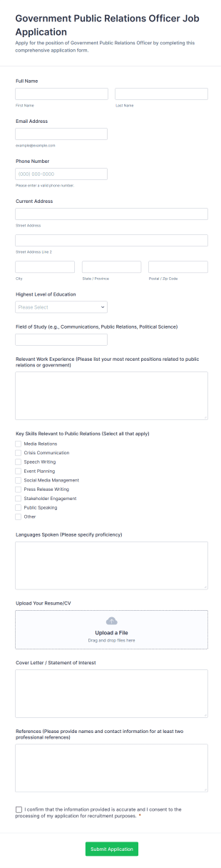 Government Public Relations Officer Job Application Form Template