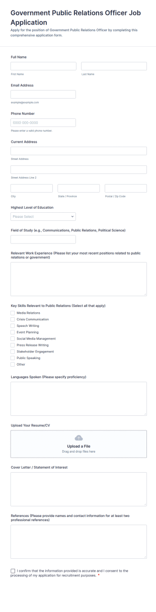 Government Public Relations Officer Job Application Form Template