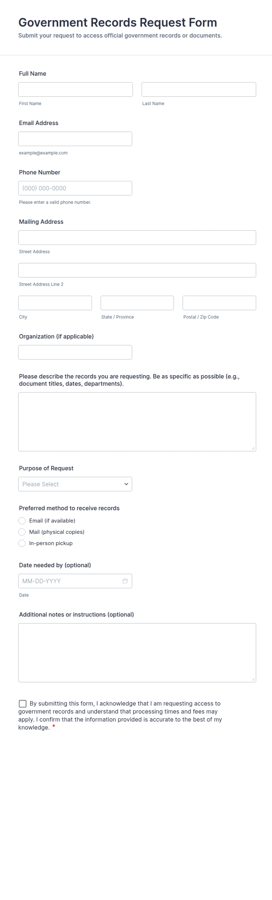 Records Request Example Government Records Request Form Template | Jotform