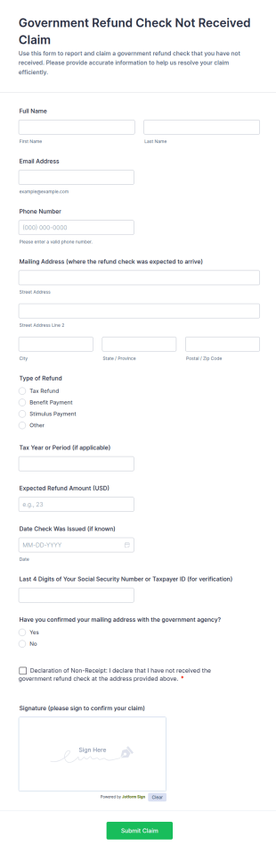 Government Refund Check Not Received Claim Form Template