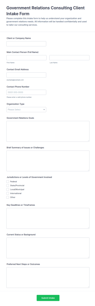 Government Relations Consulting Client Intake Form Template