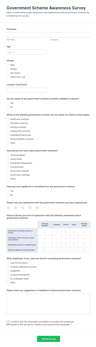 Government Scheme Awareness Survey Form Template