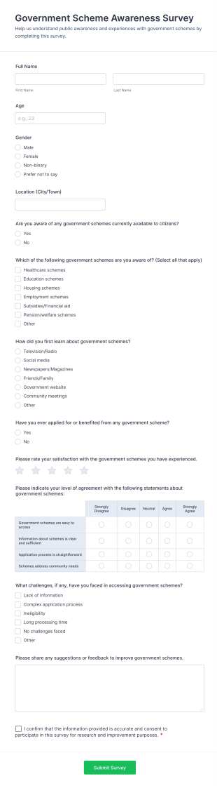 Government Scheme Awareness Survey Form Template