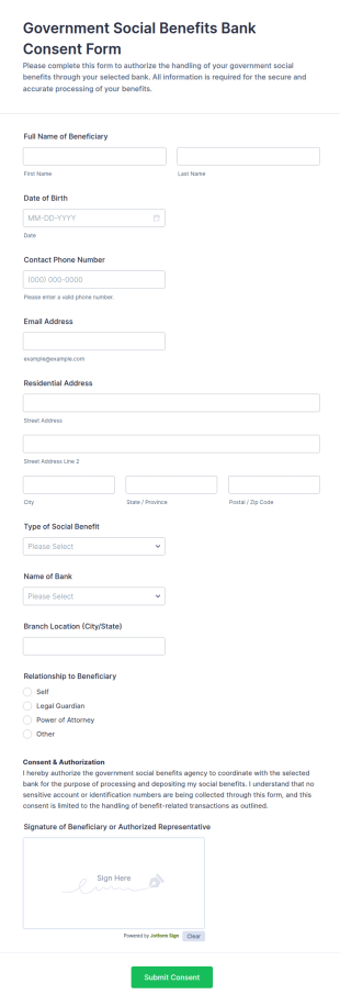 Government Social Benefits Bank Consent Form Template