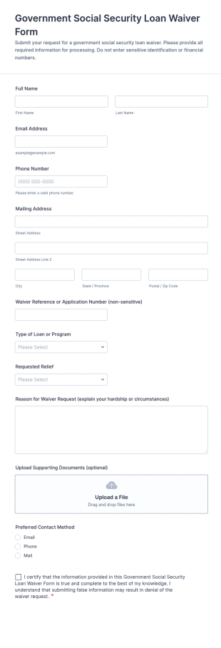 Government Social Security Loan Waiver Form Template