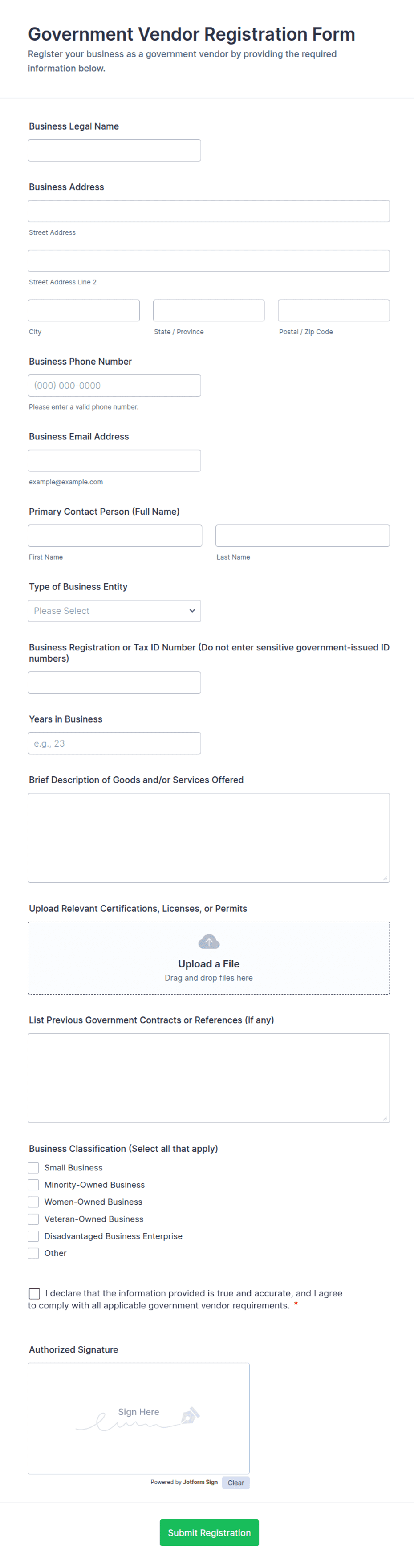 Government Vendor Registration Form Template | Jotform