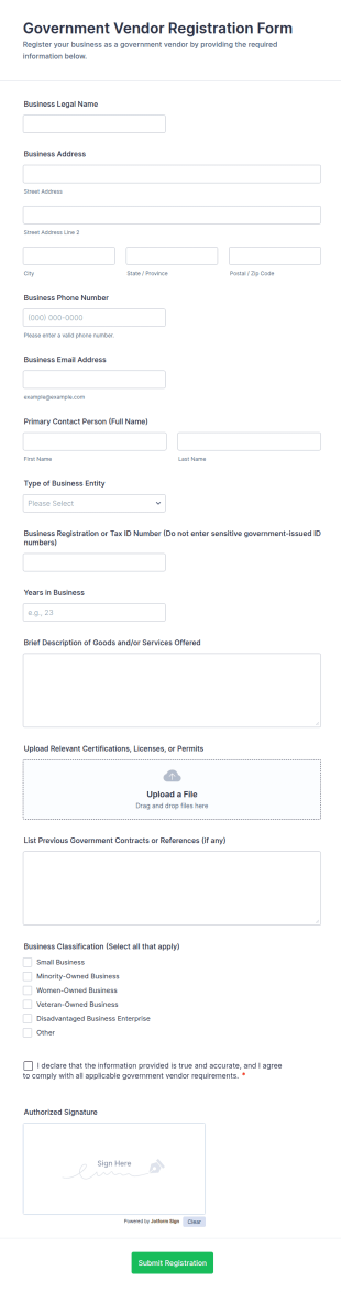 Government Vendor Registration Form Template