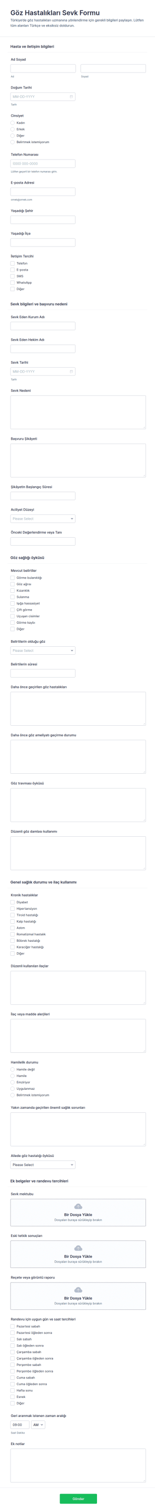 Göz Hastalıkları Yönlendirme Form Şablonu