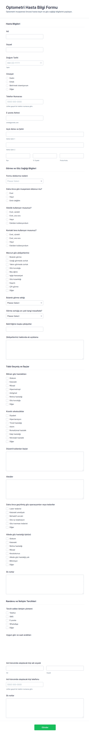 Göz Muayenesi Hasta Bilgi Form Şablonu