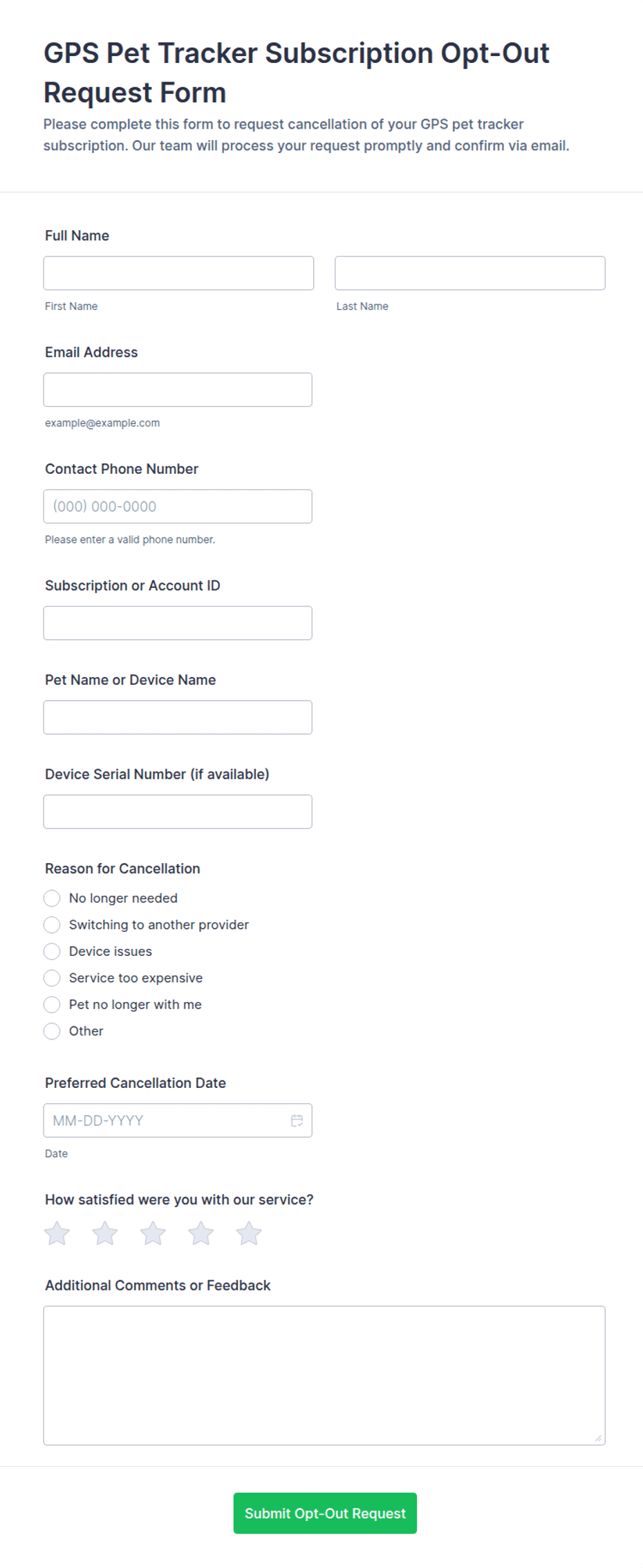 GPS Pet Tracker Subscription Opt-Out Request Form Template | Jotform
