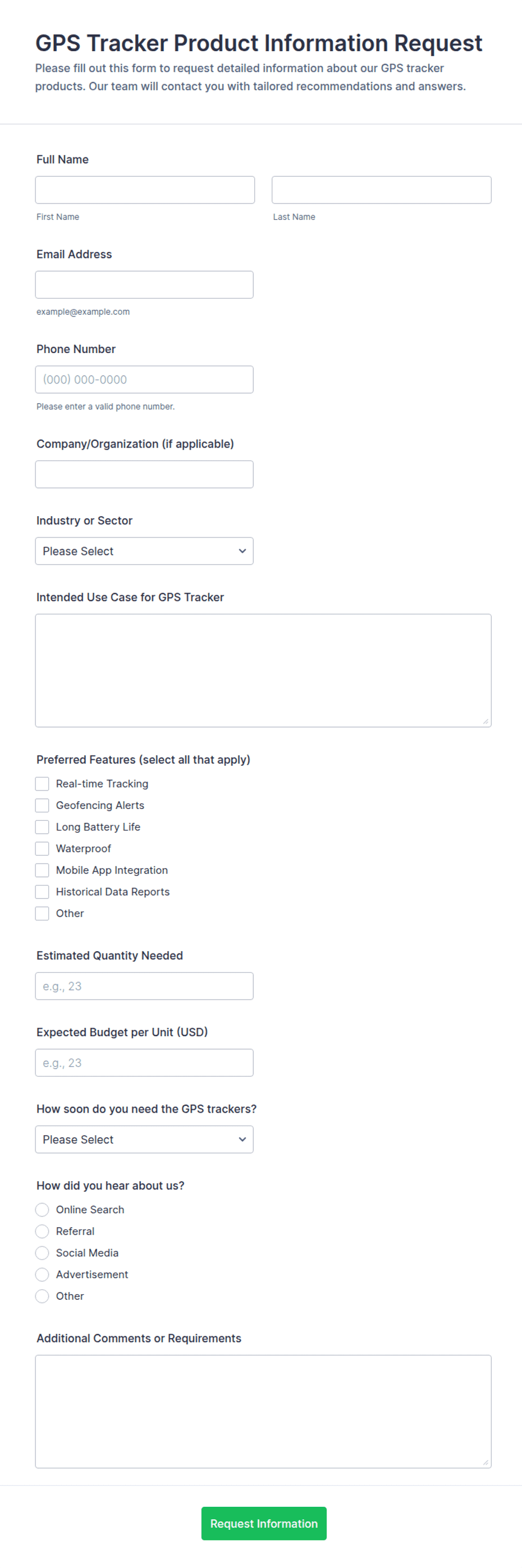 GPS Tracker Product Information Request Form Template | Jotform