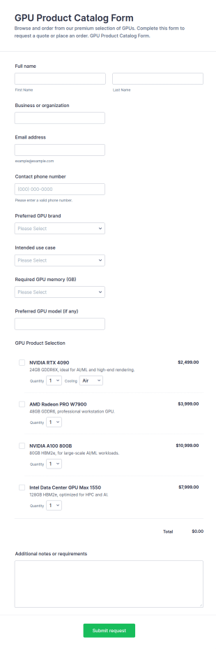 GPU Product Catalog Form Template