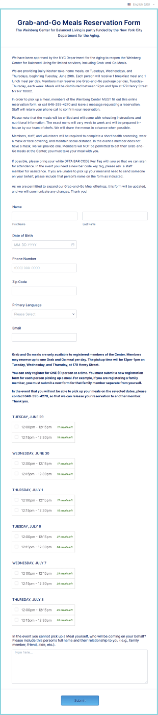 Grab And Go Meals Reservation Form Template
