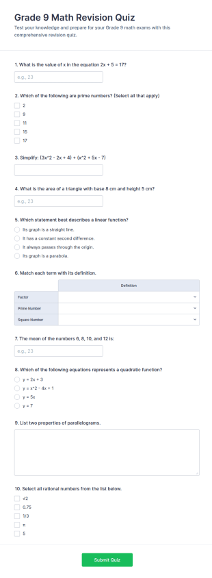 Grade 9 Math Revision Quiz Form Template