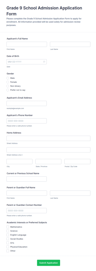 Grade 9 School Admission Application Form Template