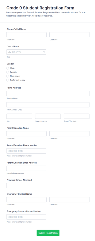 Grade 9 Student Registration Form Template