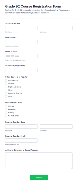 Grade 92 Course Registration Form Template