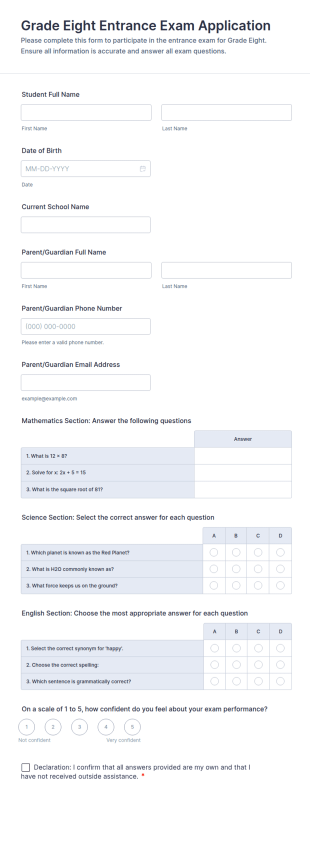 Grade Eight Entrance Exam Application Form Template