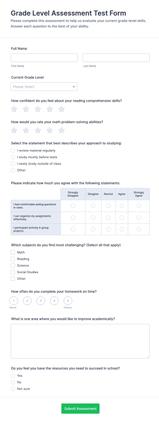 Grade Level Assessment Test Survey Form Template