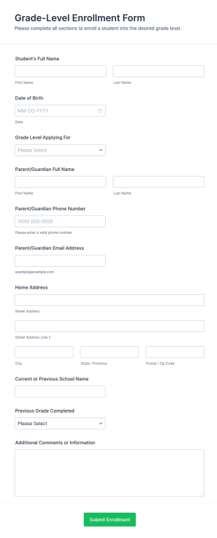 Grade Level Enrollment Form Template