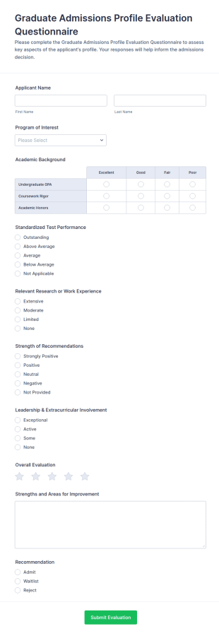 Graduate Admissions Profile Evaluation Questionnaire Form Template