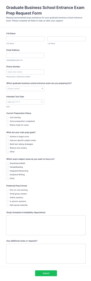 Graduate Business School Entrance Exam Prep Request Form Template