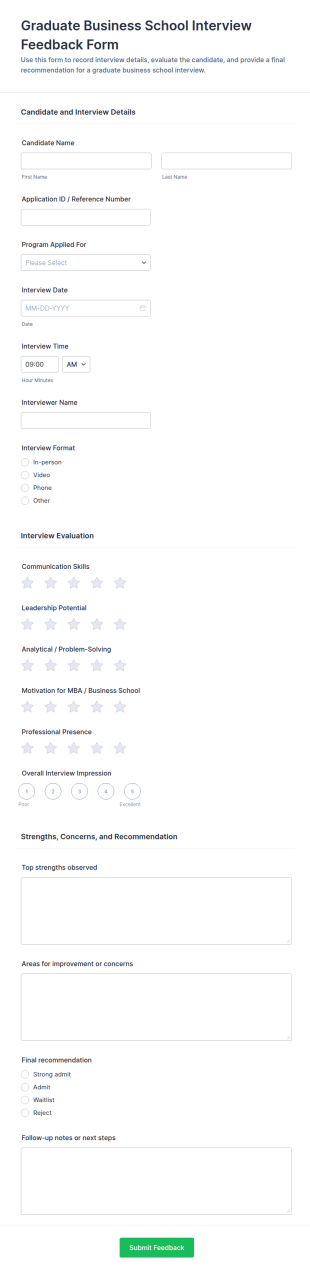 Graduate Business School Interview Feedback Form Template
