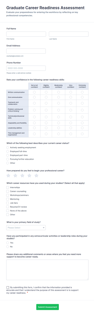 Graduate Career Readiness Assessment Form Template