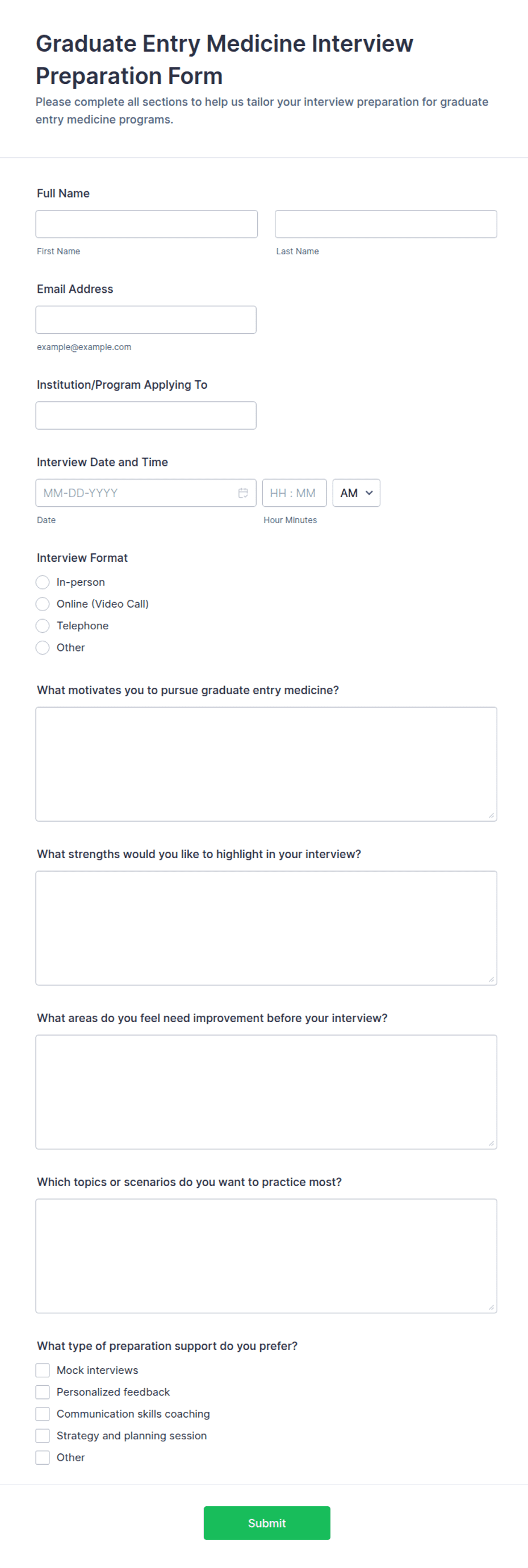 Graduate Entry Medicine Interview Preparation Form Template | Jotform