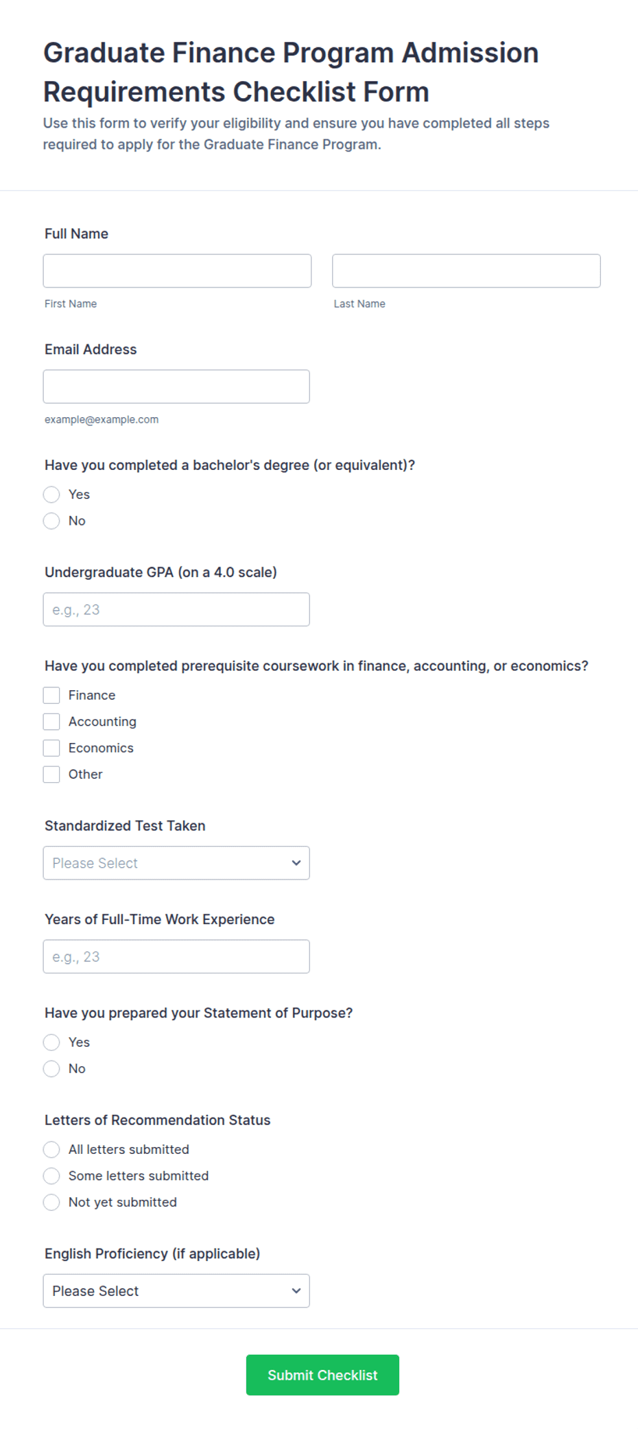 Graduate Finance Program Admission Requirements Checklist Form Template ...
