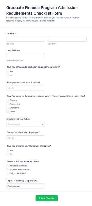 Graduate Finance Program Admission Requirements Checklist Form Template