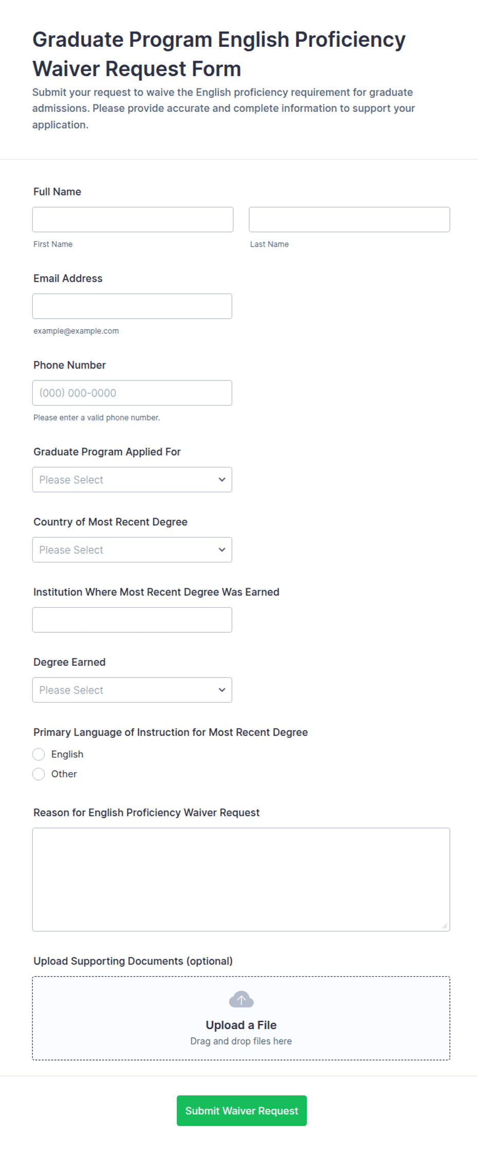 Graduate Program English Proficiency Waiver Request Form Template | Jotform