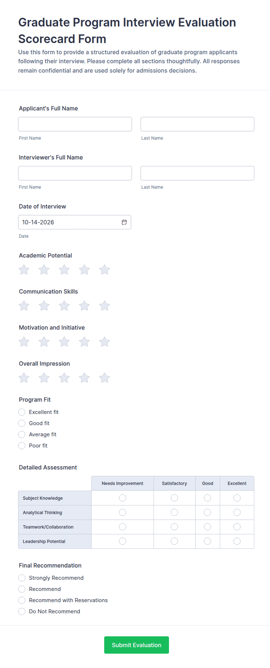 Graduate Program Interview Evaluation Scorecard Form Template | Jotform