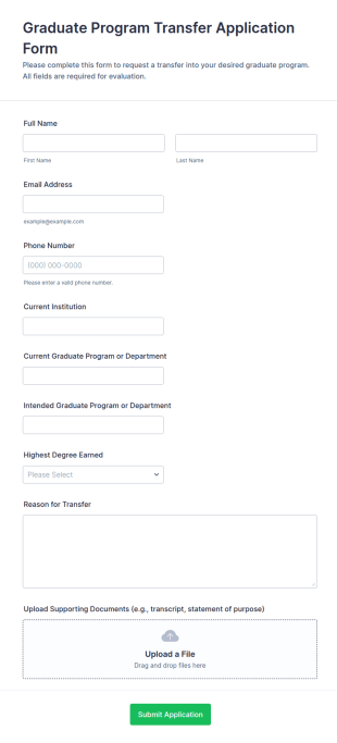 Graduate Program Transfer Application Form Template