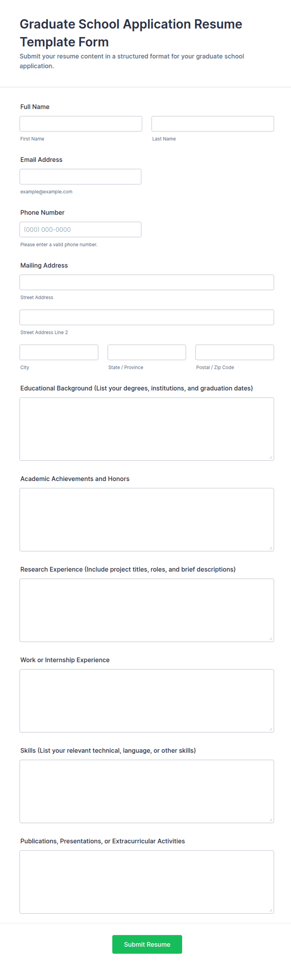 Graduate School Application Resume Template Form | Jotform