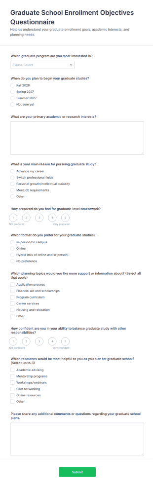 Graduate School Enrollment Objectives Questionnaire Form Template