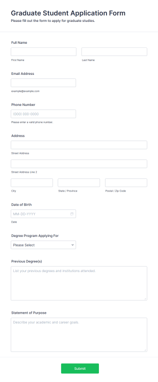 Graduate Student Application Form Form Template